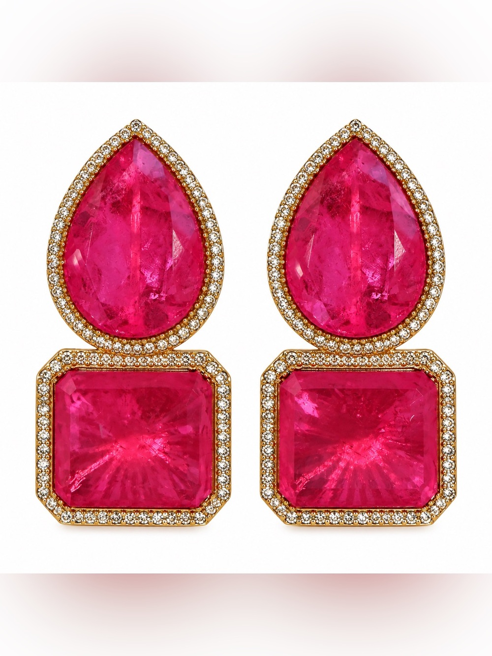 Handmade Pink/Fuschia Statement Gemstone Drop Earrings with Gold Pavé Frame 🆕
